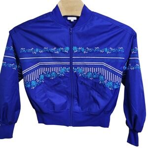 Body & Sol Womens Medium Embroidered Floral Bomber Jacket Zip Up Royal Blue